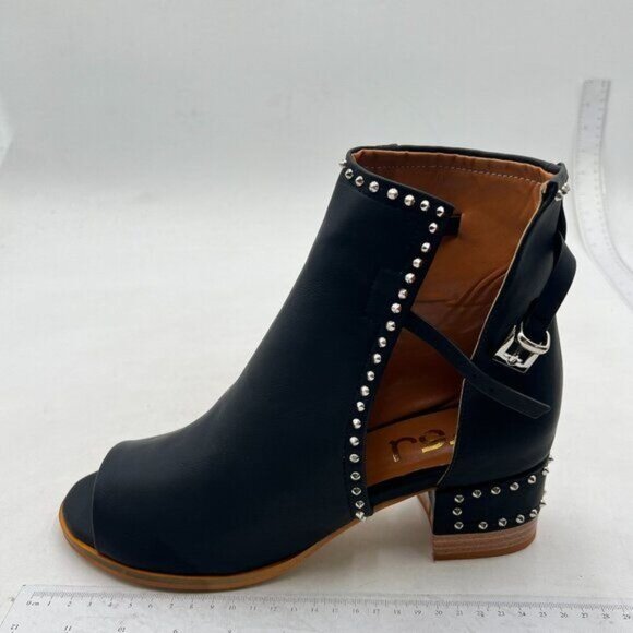 FSJ Black Rivets Peep Open Toe Cut Out Buckle Ankle Boot Block Low Heel Sandal - Picture 2 of 8